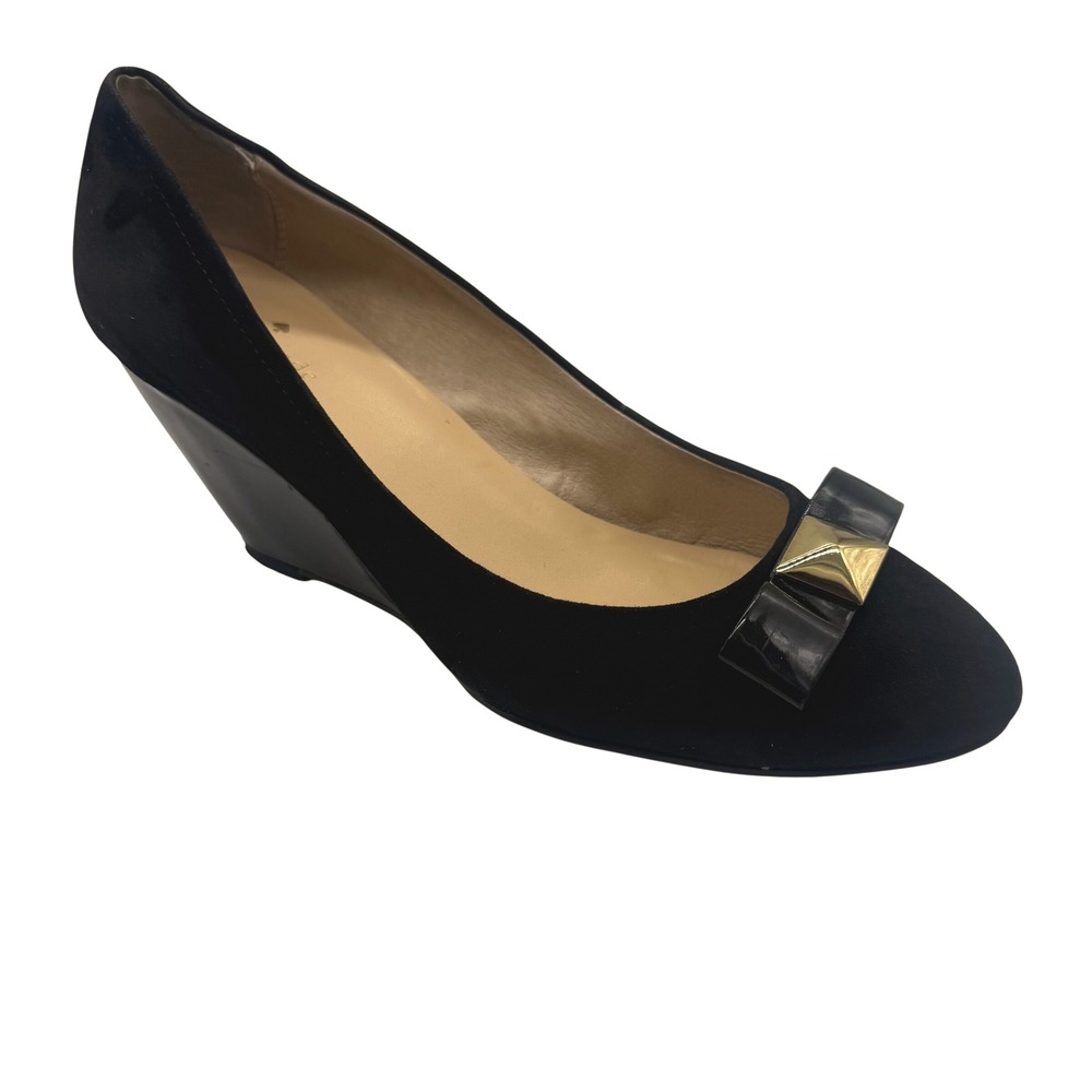 Kate Spade Black Suede Wedge Heels with Patent Bow and Gold Studs - Size 10M
